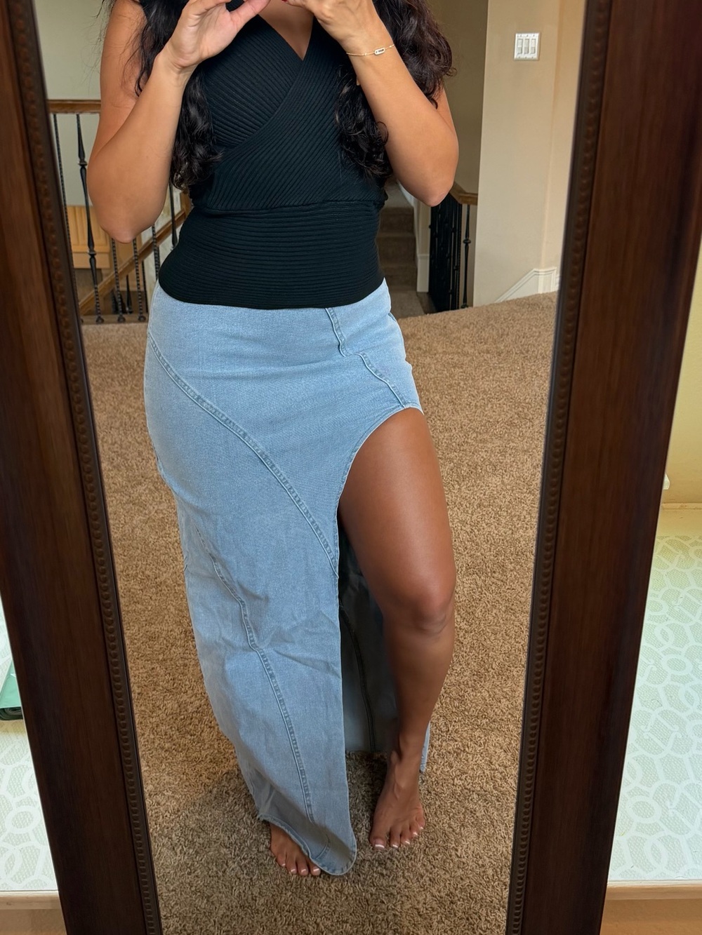 NIA Alix Light Blue Stretch Denim Maxi Skirt